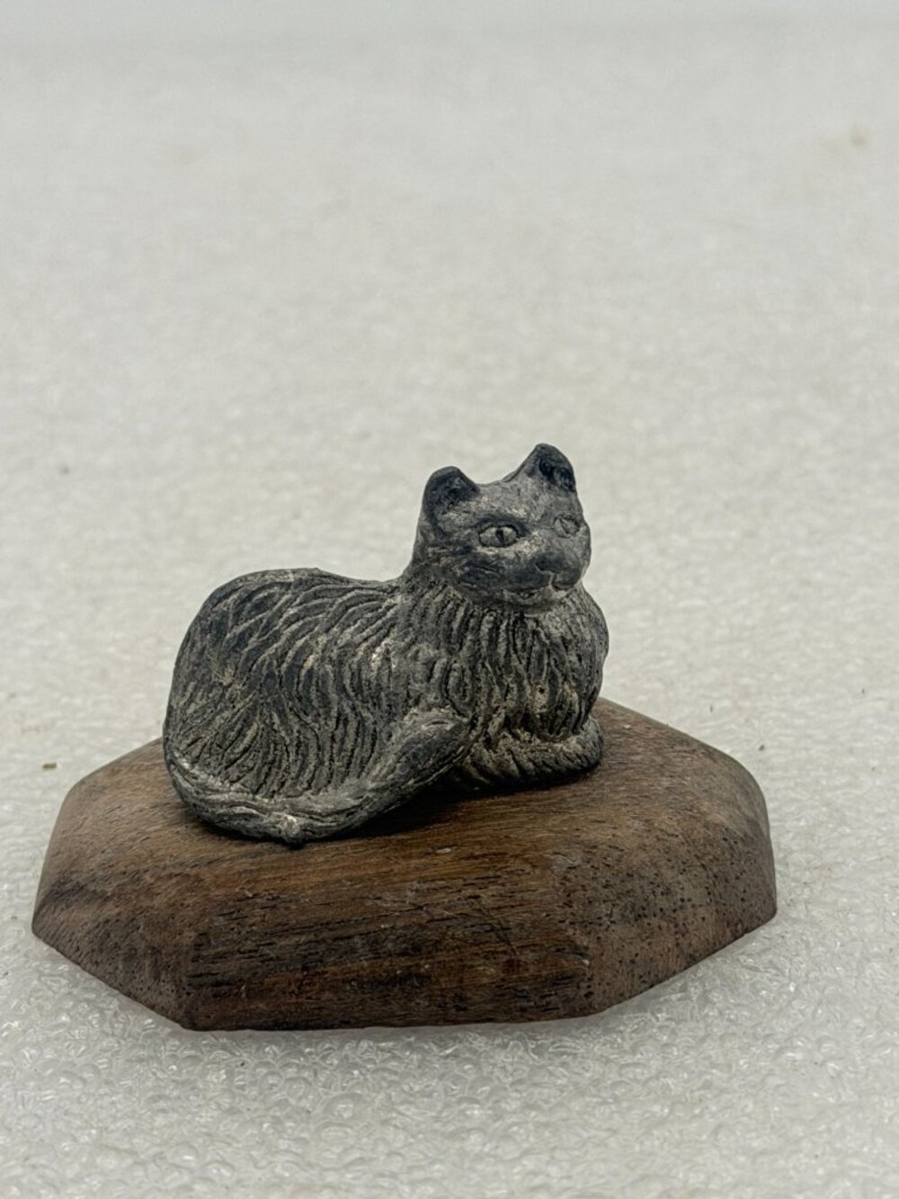 Vintage Pewter Kitty Cat Miniature Figurine Mounted on Wood Base